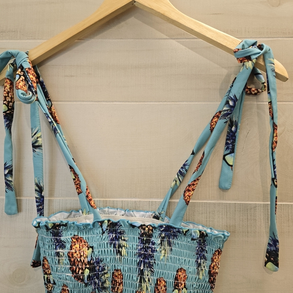 {S} Pineapple With Sunglasses Bikini Smocked Top Teal - Picture 6 of 13